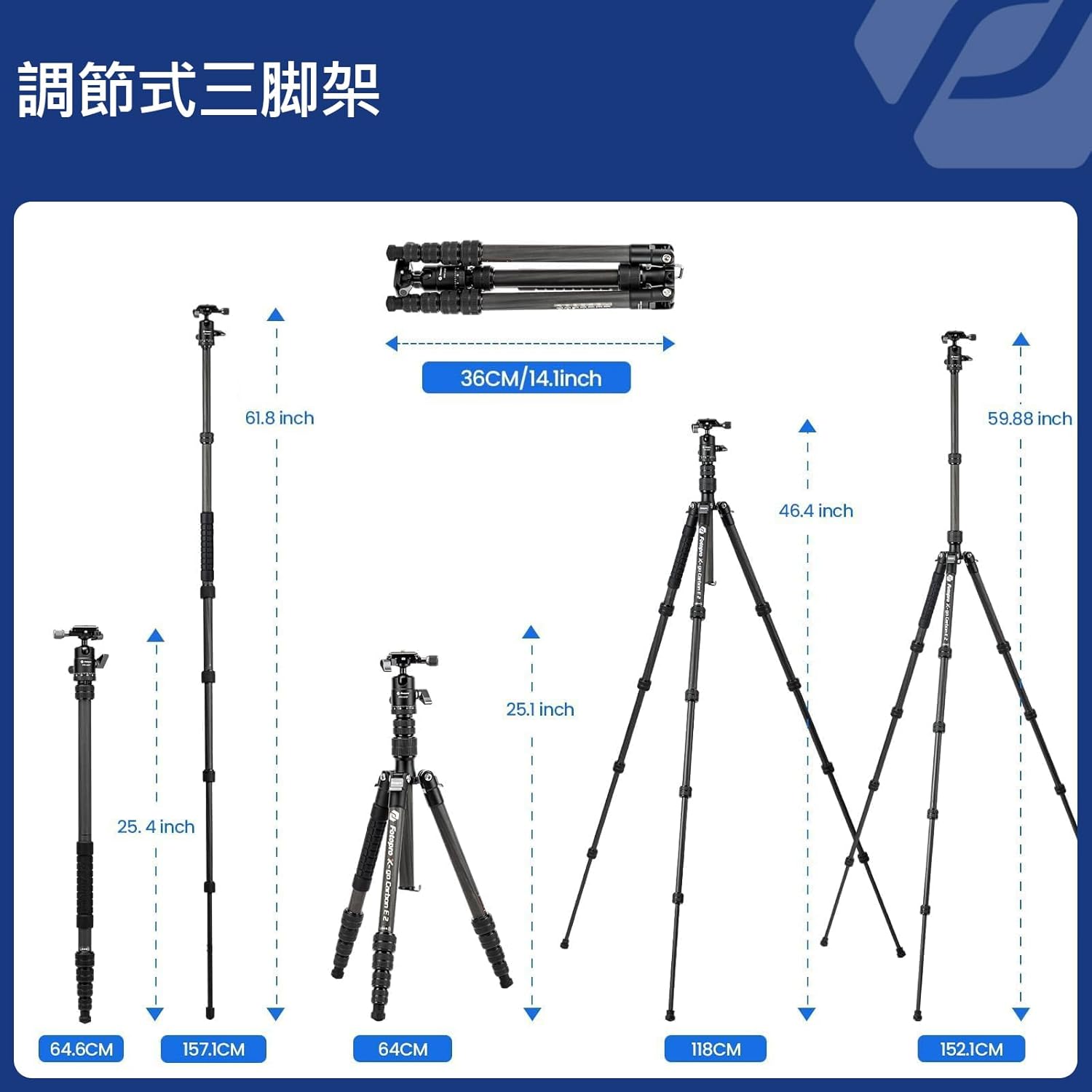 Fotopro 152CM カーボンファイバー製 旅行用三脚架 コンパクト カメラ三脚架 ボー...