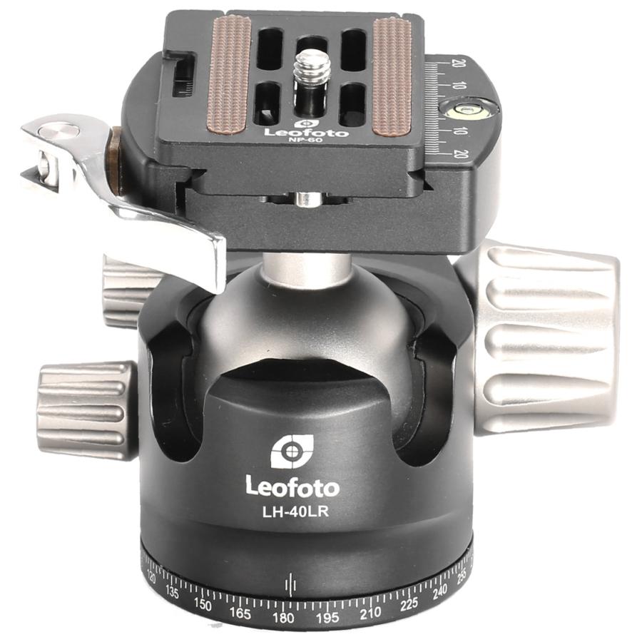 自由雲台LHシリーズ「LH-40LR」 ◆レバータイプのプレートリリース機構を搭載したコンパクトな低重心型ボール雲台 ◆縦位置調整箇所は2箇所あります ■　仕　様　■ ボール径：40mm ベース径：57mm 高さ：91mm 耐荷重量：20kg 重量：530g 三脚取付ネジ：UNC3/8″-16 付属プレート：NP-50