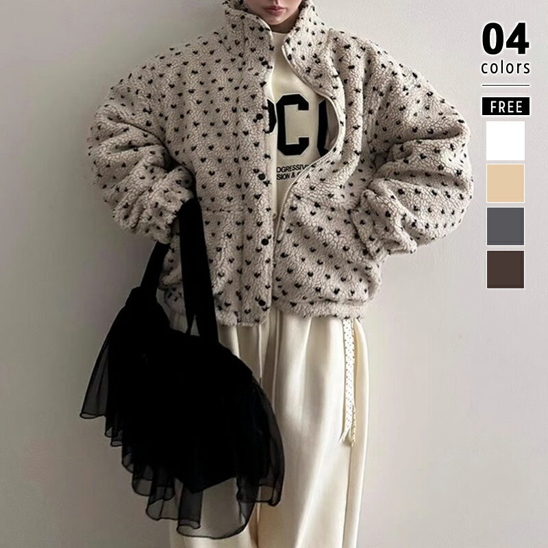 【16:59まで！クーポンで5,550円】 ボアジャケット ボア ブルゾン レディース アウター ドット ボアブルゾン あたたかい モコモコ スタンドカラー 水玉 ドットボアジャケット ボアアウター ショート ショートブルゾン ファスナー 長袖 韓国ファッション 秋冬 秋 冬 cocomomoのサムネイル