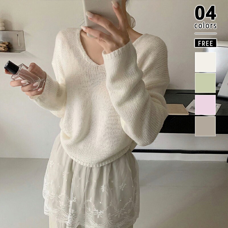 【9/27！クーポンで3,410円】 ニット vネック ルーズニット シアーニット vネックニット レディース 長袖 ショート丈 クロップド丈 ゆったり トップス ドロップショルダー シアー 深vネック レイヤード きれいめ カジュアル 大人 ショートトップス 春 秋 冬 cocomomo