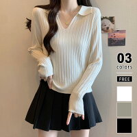 ニット スキッパーネック リブニット トップス 長袖 レディース 襟付き リブ フィット プルオーバー シンプル スキッパー ポロ ニットセーター おしゃれ vネック 長袖ニット ニットトップス カジュアル 韓国 秋冬 春 秋 冬 cocomomo