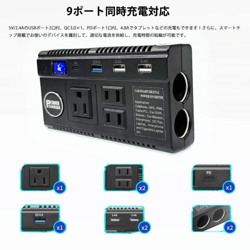 カーインバーター 車載充電器 120W DC12V 24V をAC100Vに変換 修正弦波 コンセント ACコンセント PD急速充電 QC3.0 シガーライターソケット×2