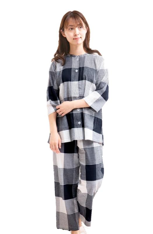 [ケーズアイ] パジャマ レディース 7分袖9分パンツ 前開き 夏 肌にやさしい綿100％サラサラして涼しい楊柳チェック ナイトウェア ルームウェア 部屋着 S/M/L/LL/3L/4L 12509