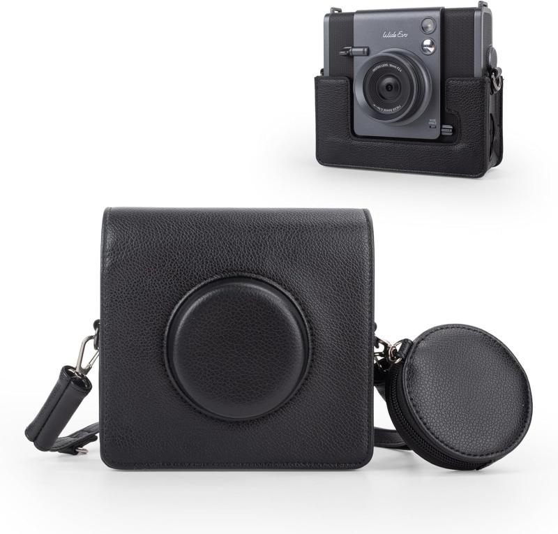 kinokoo instax wide evo ケース Fujiチェキwide evo カメラ保護バッグ 富士ワイドEVO PUレザーカバン 調節可能なショルダーストラップ&収納ポケット付き（ブラック）