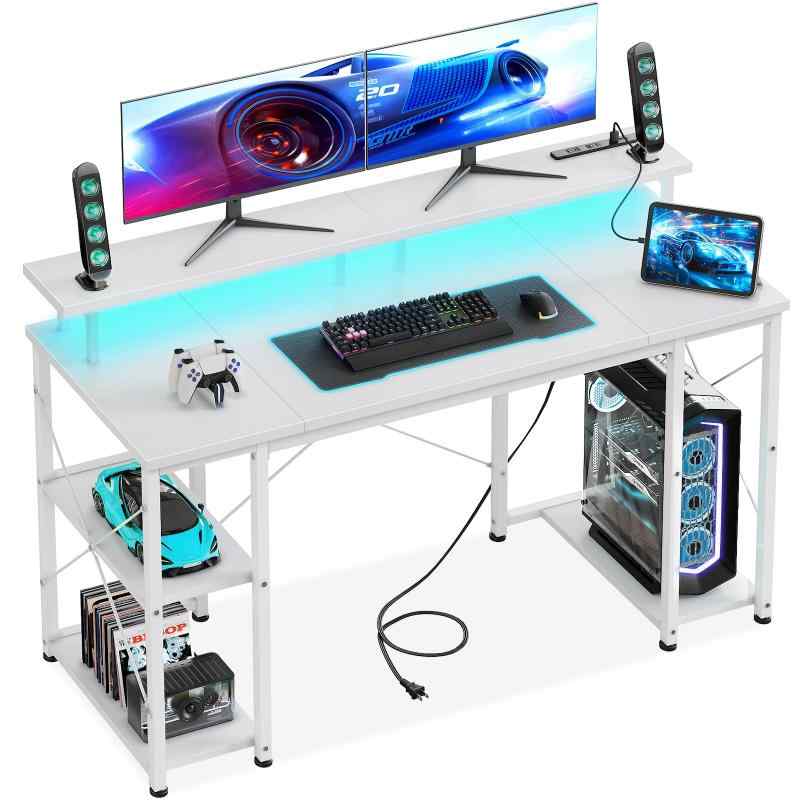 AODK ゲーミングデスク パソコンデスク コンセント&LED付き 机 pcデスク 幅140/160cm 両側ラック&モニター台付き 勉強机 ゲームデスク computer desk ワークデスク オフィスデスク 長机 左右入 [2]