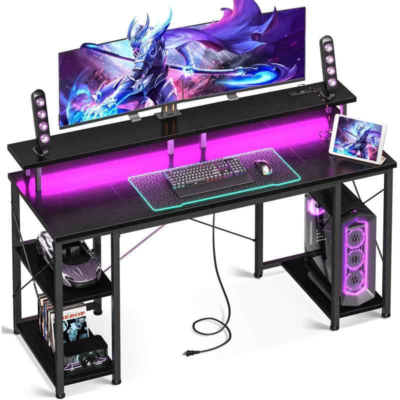 AODK ゲーミングデスク パソコンデスク コンセント&LED付き 机 pcデスク 幅140/160cm 両側ラック&モニター台付き 勉強机 ゲームデスク computer desk ワークデスク オフィスデスク 長机 左右入 [3]