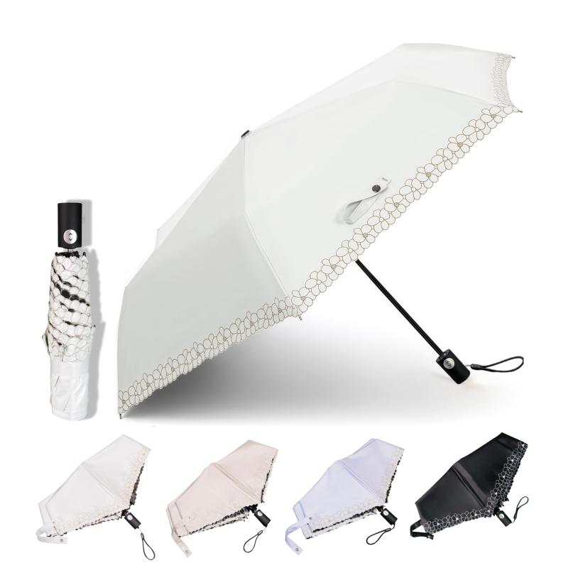 乐天商城 - 日傘 晴雨兼用 完全遮光 UVカット 自動開閉傘 ワンタッチ開閉 約200g 超軽量 折りたたみ傘 レディース 花柄刺繍 耐風 ガラスファイバー製 壊れにくい 超撥水 高密生地 携帯便利 小さめバッグ