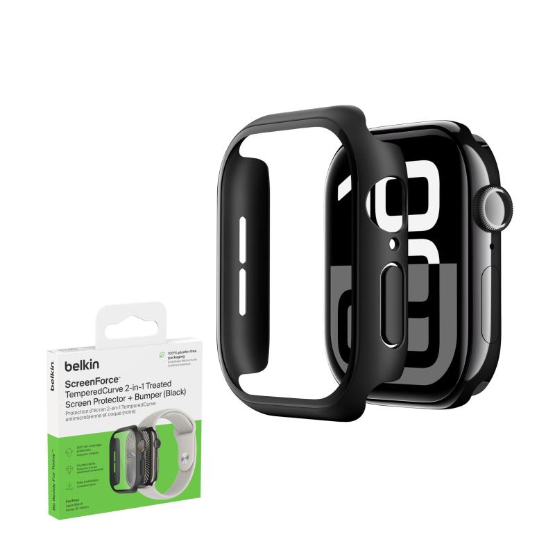 Belkin Apple Watch S10 46mm用 フルカバーバンパー保護ケース 硬度9H 耐スクラッチ加工 抗菌 簡単取付 薄さ0.33mm ブラック OWA003fqBK