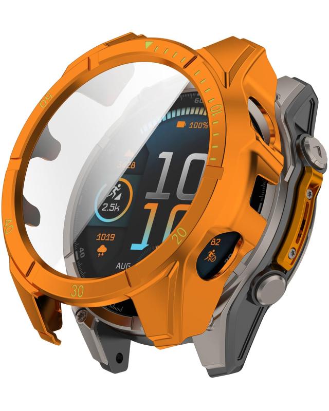 Miimall for Garmin Fenix 8 47mm 保護カバー+ガラスフィルム 一体型ケース 保護フィルム 強化エッジタッチ 軽量 耐衝撃 高感度 高透過率 全面保護 ガーミン fenix 8 対応 オレンジ＋緑（Solar版対応でき