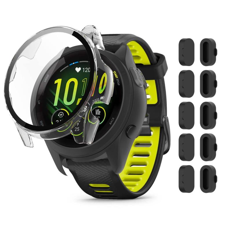 適用 Forerunner 265S [ガラスフイルム一体型ケース+10枚セット防塵プラグ] 【NOUKAJU】 ケース 保護カフィルム 一体 保護ケース PC+強化ガラスフ 保護 カバー 一体型 全面保護 超薄型 装着簡単 耐衝