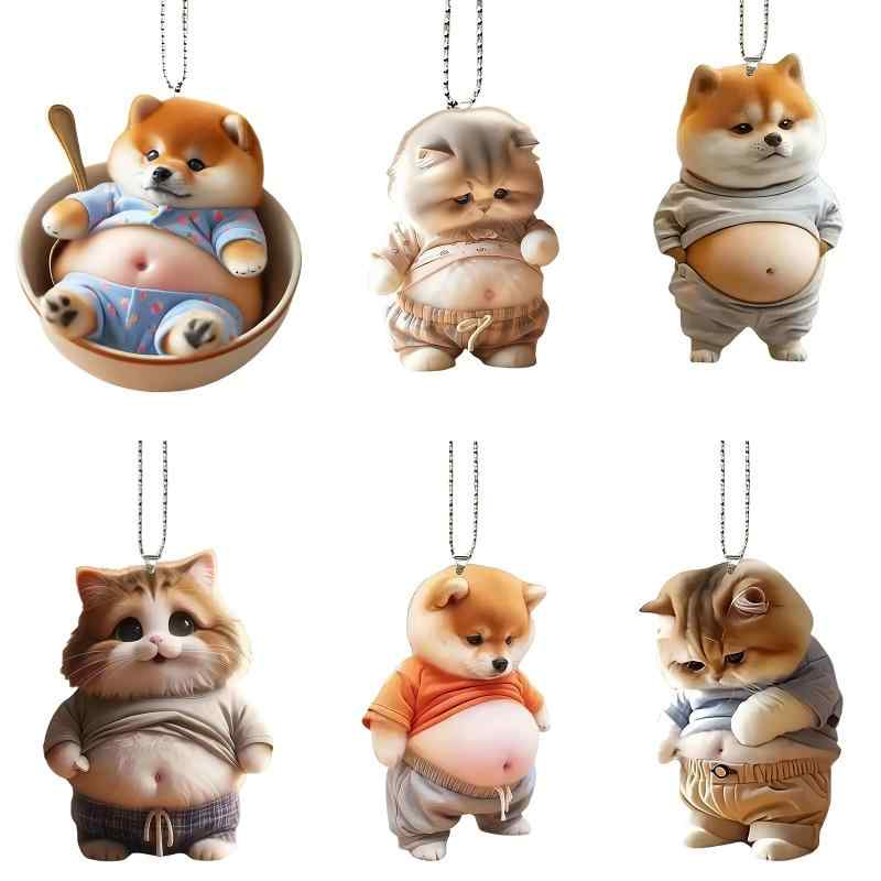 [wjxxwj] かわいい ぽっちゃり猫＆犬 キーホルダー 6個セット アクリル製 ボールチェーン付 ルームミラ..