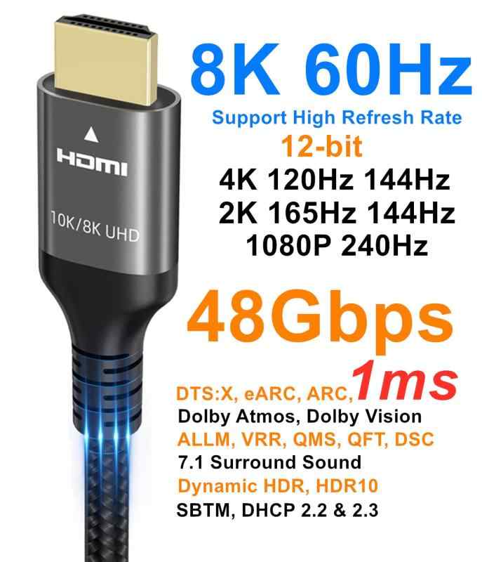Ubluker 10K 8K 4K HDMI ケーブル 48Gbps 3M、(HDMI認証)ウルトラハイスピードHDMI® ケーブル 4K 240Hz 144Hz 120Hz 8K 60Hz 0.01ms ARC eARC DTS:X HDR10+ HD