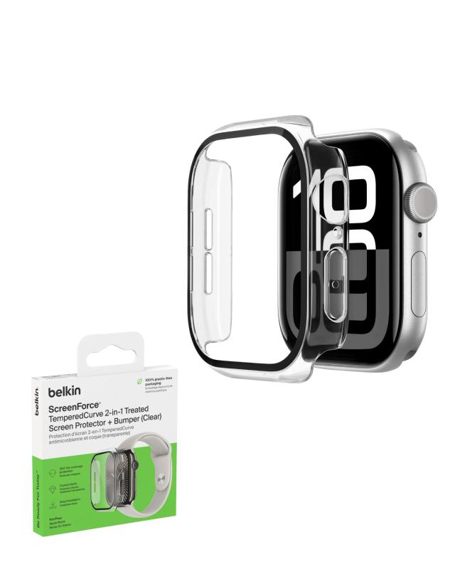 Belkin Apple Watch S10 46mm用 フルカバーバンパー保護ケース 硬度9H 耐スクラッチ加工 抗菌 簡単取付 薄さ0.33mm クリアモデル OWA003fqCL
