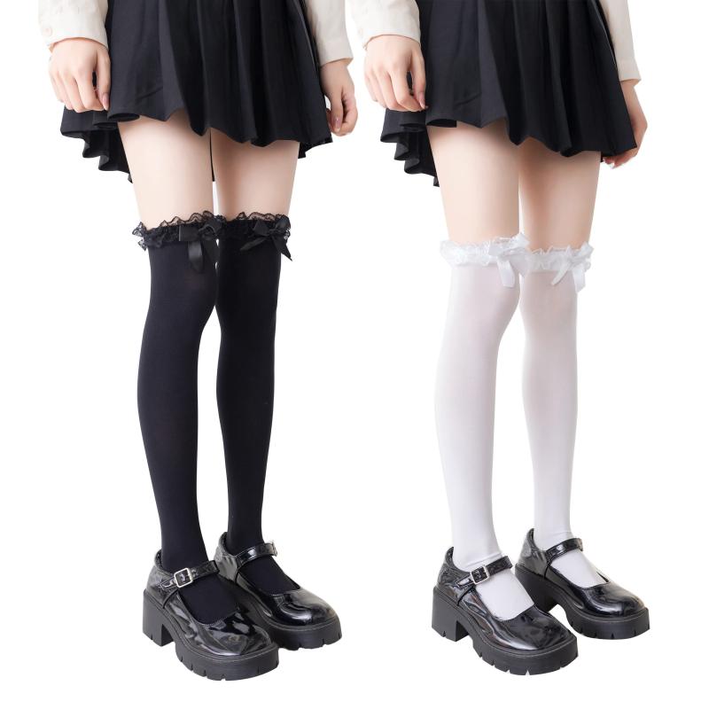 [SHUCLASS] レディース オーバーニーソックス かわいい ちょう結びニーハイ cosplayや制服用 レース 白いロングソックス リボン 美脚 ショートソック ハイソックス 綿 無地 靴下 ニーハイソック