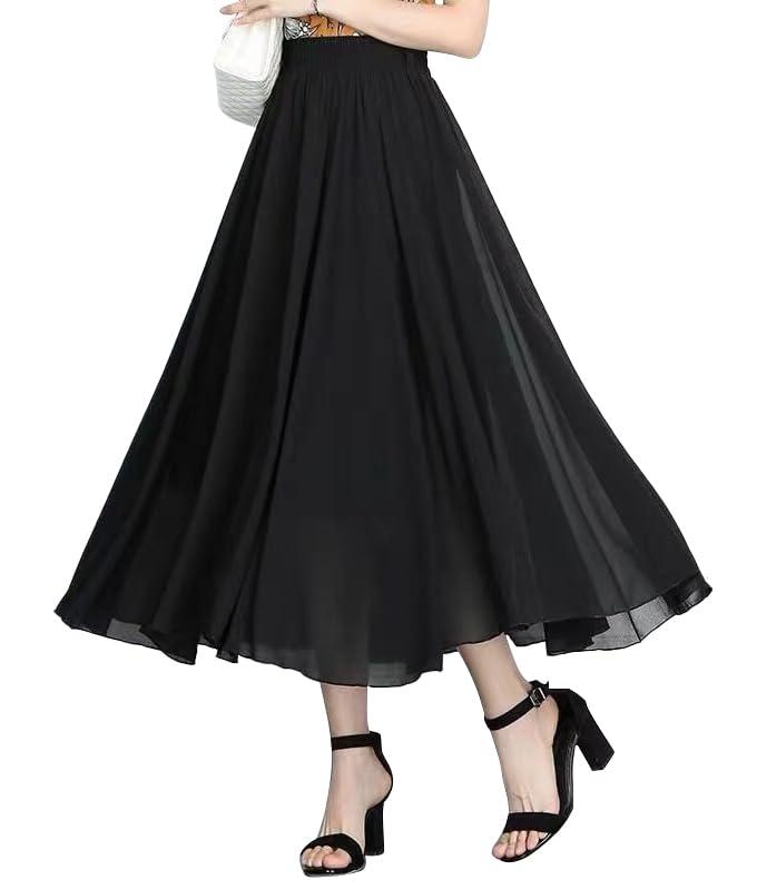 [syvent] レディース ミディ丈 膝丈 シフォン フレアスカート 花柄 夏 ウエストゴム 裏地付き 無地 ひざ丈