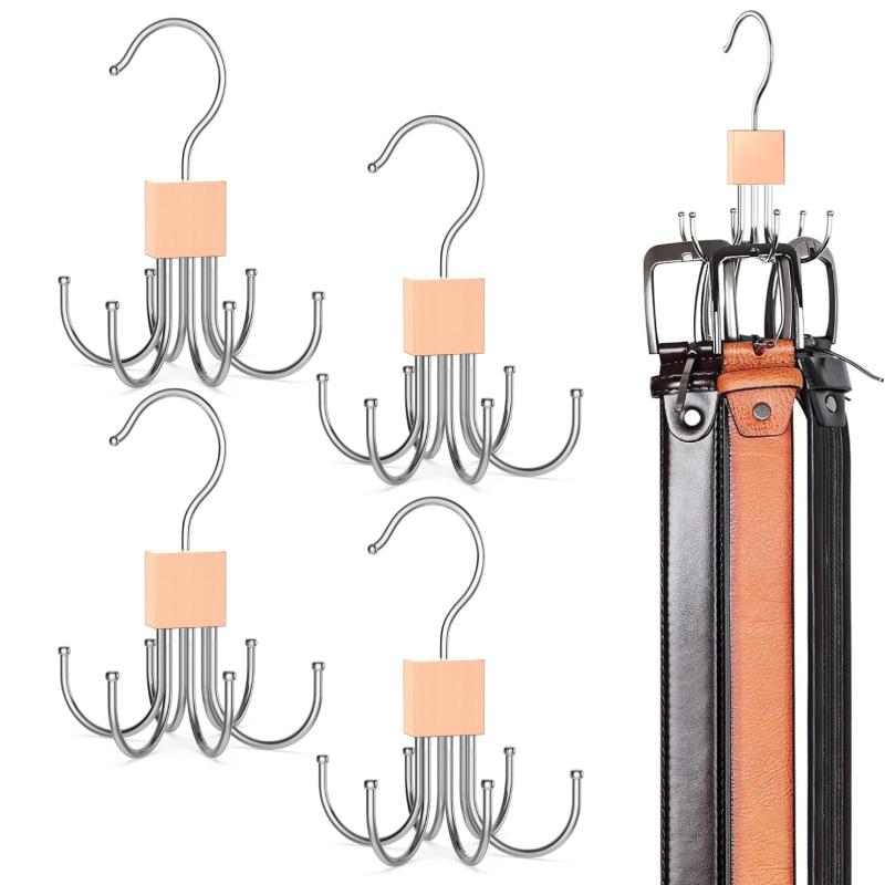 SATOMO ベルト ハンガー 360度回転 木製 6本掛け 4個 セット 小物収納 クローゼット 省スペース ネクタイ収納 収納便利