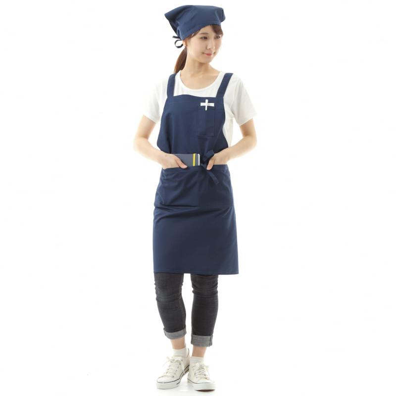 [smile mode] H型 エプロン＆三角巾セット おしゃれ スタイリッシュ 無地 ポケット付 男女兼用 シンプルデザイン 家庭用 カフェ用 保育士用 しわになりにくい
