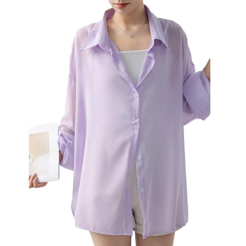 [Uroi] シャツ レディース 長袖 シアーシャツ シースルー オーバーサイズ レイヤード レギュラーカラー 透け感 無地 uvカット 日焼け 冷房対策 ゆったり きれいめ 涼しい 春夏 トップス