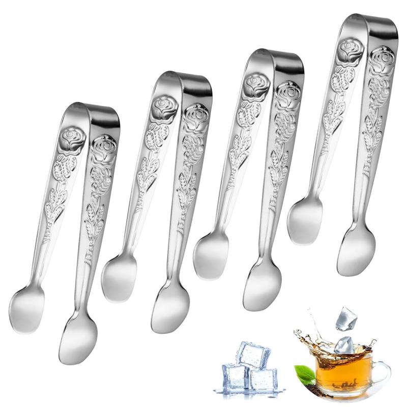RuiChy 薔薇 アイストング 4個セット ミニ 11cm ステンレス製 レリーフフラワー サービングトング 氷挟み パン挟み 角砂糖 お菓子 ケーキパン クッキー ビュッフェ 食品トング キッチン レスト
