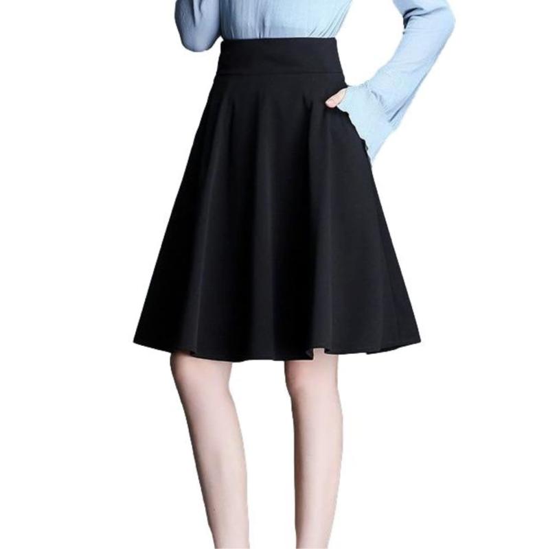 [Nestkanina] スカート きれいめ ひざ丈 シンプル Aライン フレア 薄手 おしゃれ ハイウェスト フェミニン 無地 黒 ブラック 膝丈 美脚 美尻 通勤 脚長 上品 レディース SKT013