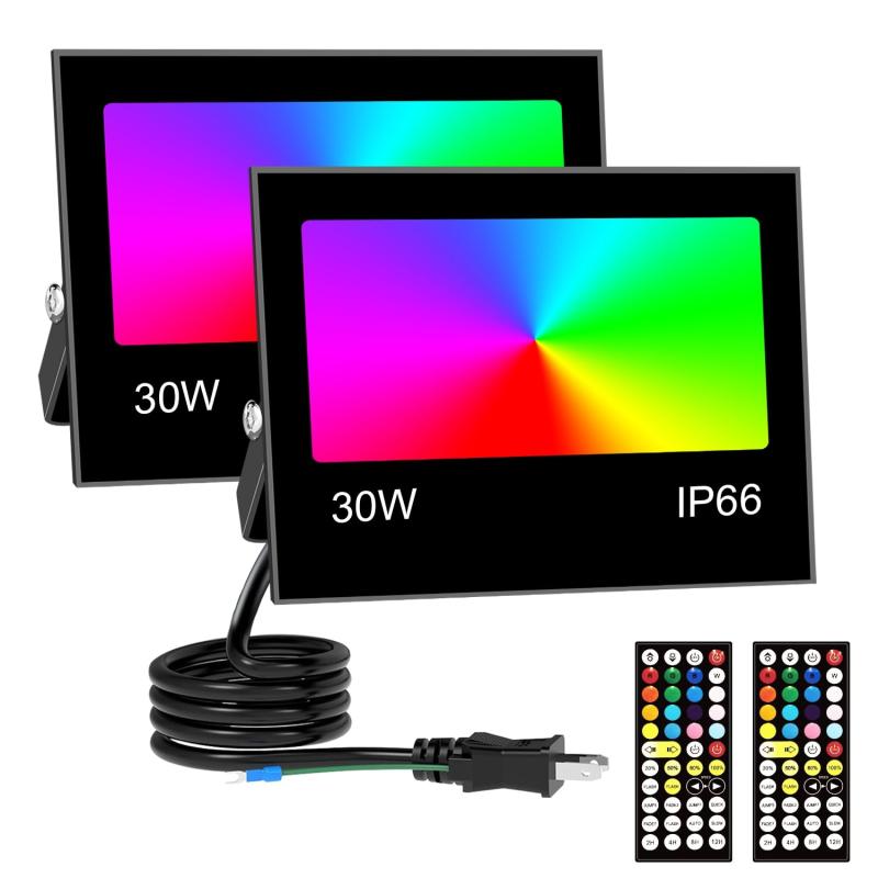 乐天商城 - RGB 投光器 30W フラッドライト RGB+2700K 暖色光 3000lm 祝日雰囲気日常照明兼用 IP66 防水 調光可能 16 種カラー 8 種モード 4 タイマー 100V 対応 PSE 認証 日本語説明書