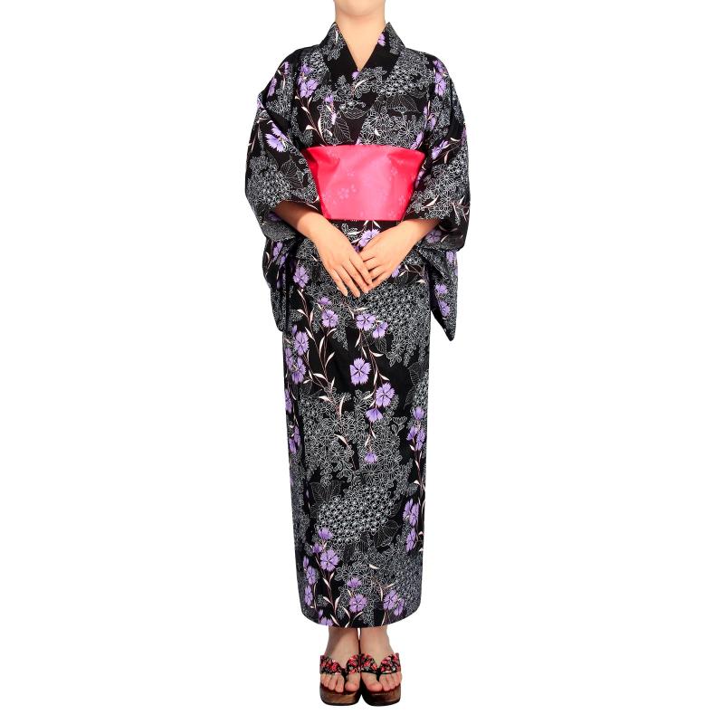 [YUKITAC] レディース浴衣 水色 菊と桜 プリント ワンサイズ フリーサイズ (155-168cm 対応) 綿100%, 花火大会 夏祭り 盆踊り 夏のイベントに