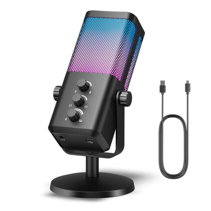 XTUGA M7 コンデンサーマイク USB マイク ミュートボタン付き ノイズ軽減 RGBライト 単一指向性 高感度 集音 音量調節 多機能 プラグ＆プレイ PC マイク 角度360°調整でき イヤホン端子付き 配信/