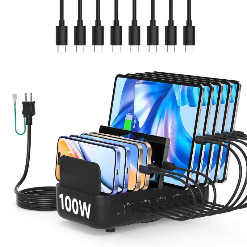 首佩充電ステーション、100W USB充電ステーション 10ポート、調整可能な仕切り付き、USB C充電すてーしょんには、USB-C充電ケーブルが8本付属しています。スマホ、タブレット、Kindleなどに対