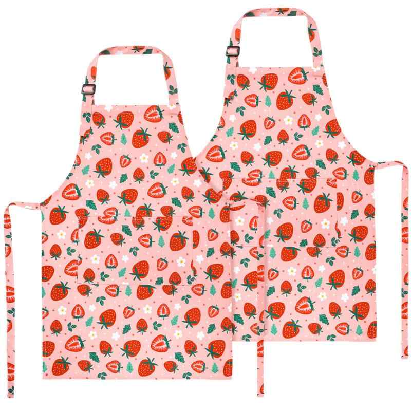 [girldate] キッズ エプロン 2点セット イチゴ柄 着脱簡単 調整可能 ポケット付き 120cm～150cm 女の子 子供用