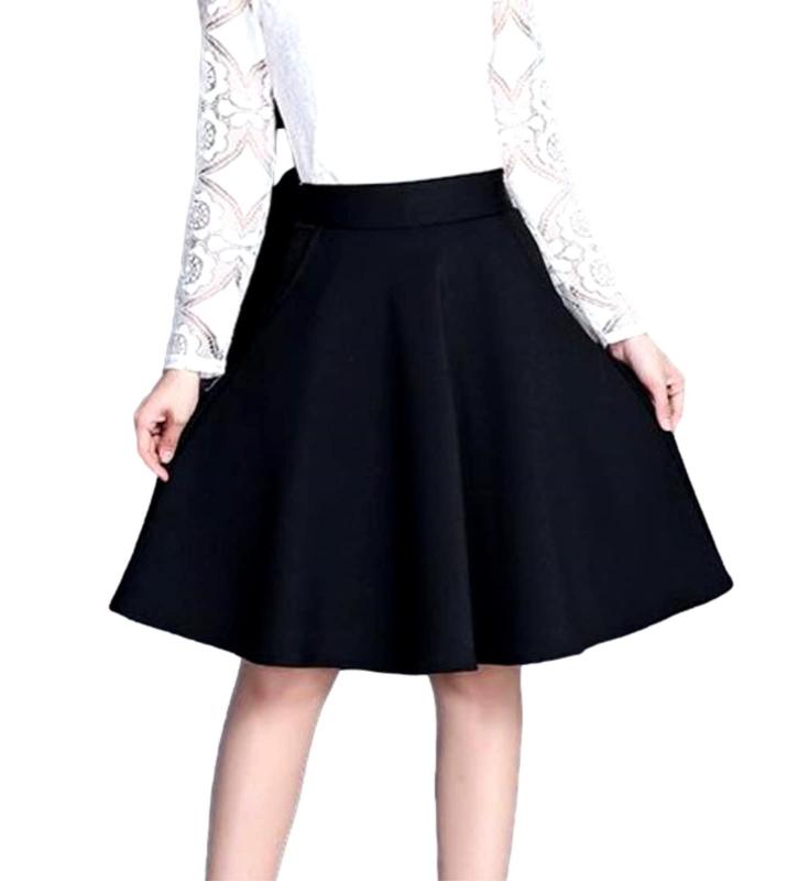 [Nestkanina] スカート ひざ丈 膝丈 ブラック フレア 黒 無地 オフィス 通勤 仕事 OL レディース 台形 Aライン ひざ丈スカート SKT004