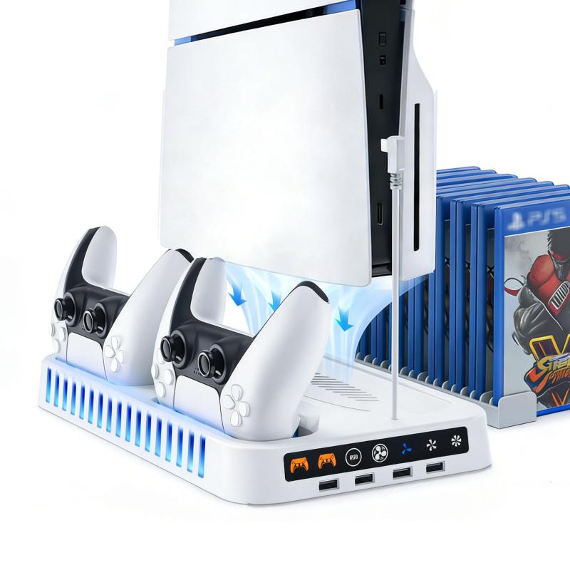 PS5 スタンド 縦置き/縦型 PS5 日本語版 PS5 Slim PS5 Pro PS5初代対応 Blitzowl コントローラー2台充電 EDGE対応 冷却ファン搭載 RGBライト ディスク収納 ヘッドホン収納 一体型多機能ベース