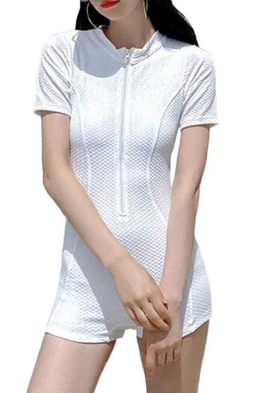 乐天商城 - [H．zroy] 水着 レディース オールインワン 半袖 フィットネス 立ち襟 スポーツ 競泳用 ジップアップ 体型カバー スイムウェア スポーティー 胸パッド付き 水陸両用 着痩せ おしゃれ