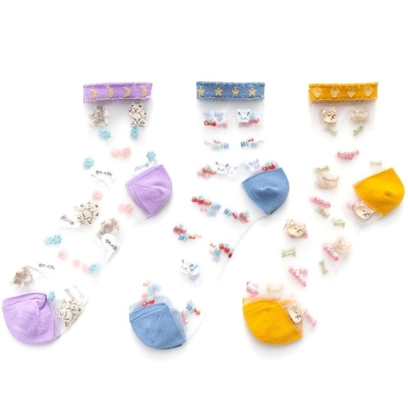 [モイン モイン] 靴下 ソックス 3種 アソート セット ショート シースルー 透け 春夏 涼しい テディベア うさぎ 柴犬 アニマル 動物 フェイス 犬 くま 水色 オレンジ パープル おしゃれ 星 ハ