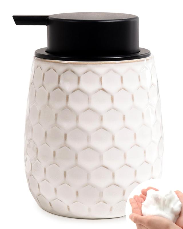 Umlaca ソープディスペンサー 泡 陶器 ハンドソープ ディスペンサー 手動 ハニカム型 詰め替え容器 押しタイプ おしゃれ 広口 北欧スタイル 食器洗剤ボトル キッチン 洗面所 バスルーム お風