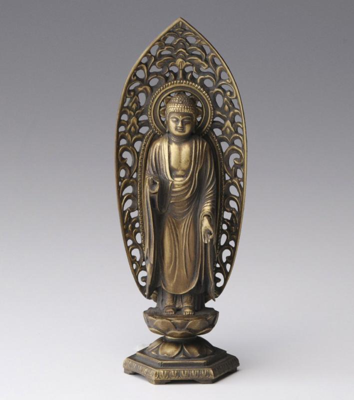 仏像 阿弥陀如来立像 15cm（古美金仕上げ） 仏師：牧田秀雲 原型＿（戌・亥年生まれ）十二支守り本尊 高岡銅器(あみだにょらいりゅうぞう)