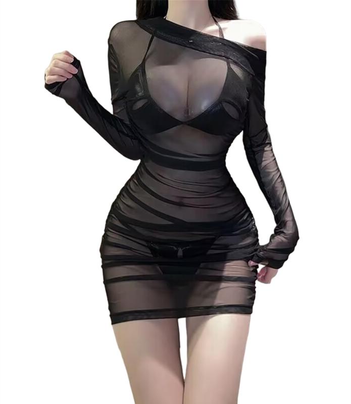 DDMMQSストラップレス長袖シースルーヒップスタードレス、シースルーパジャマ3点セット