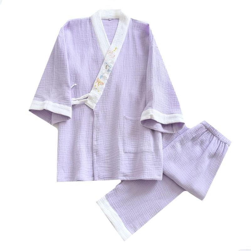 [ケヤカ] 作務衣 長袖 レディース 綿 ガーゼ 甚平 パジャマ 和風 寝巻き 女性 寝間着 ルームウェア 上下セット 春 夏 秋 冬 前開き 通気 吸汗 部屋着 婦人服 無地 浴衣 お風呂上り 旅館 ナイト