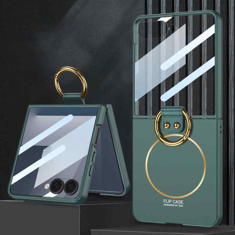 Galaxy Z Flip7 専用 手帳型ケース 金属リングスタンド付き 一体型強化ガラス膜 超薄超軽量 360度保護 - 壳膜一体超薄指环无线充