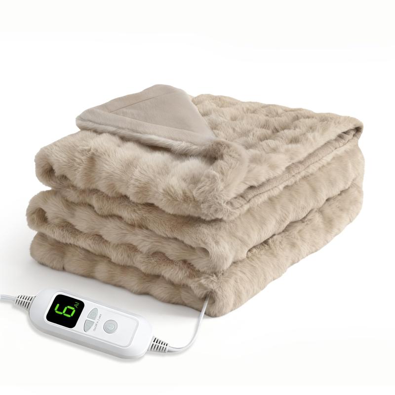 電気毛布 掛け敷き兼用 【表面ラビットファー調＋裏面フランネル 190×130cm】 掛け 敷き 洗える 6段階温度調整可 炭素繊維発熱線 大判 電気ブランケット ダブル 省エネ 自動オフ 速暖 厚手 ダ