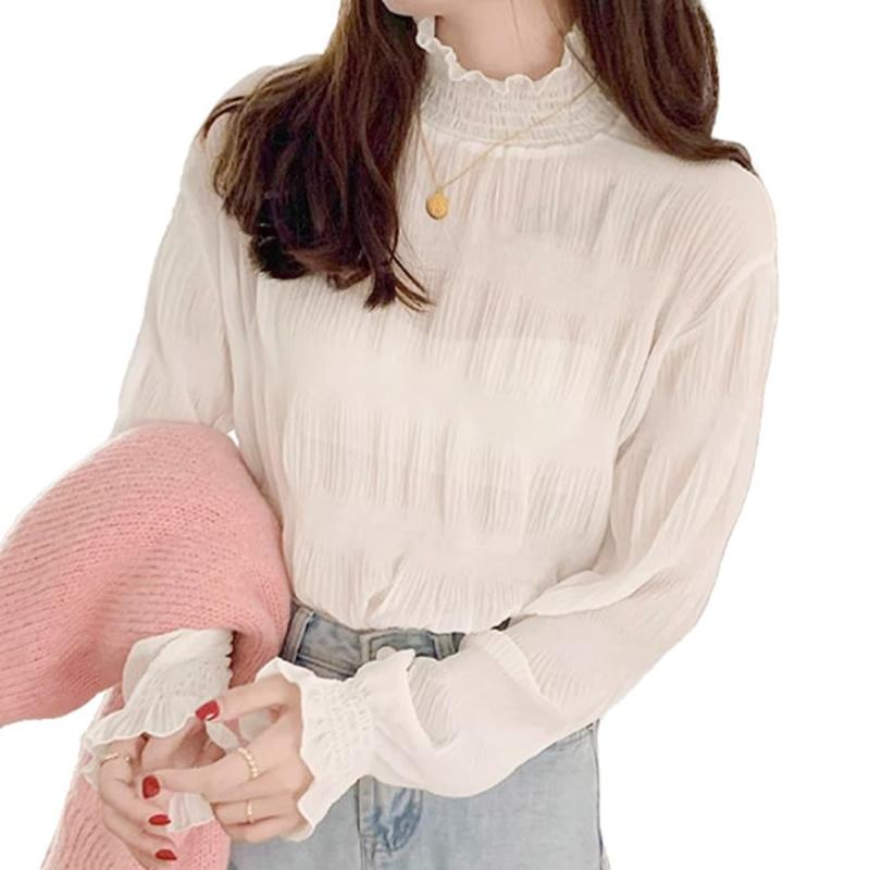 [アイカ] シアーブラウス シースルーブラウス シフォンブラウス プルオーバー ハイネック キャンディ袖 長袖 薄手 涼しい 透け感 くしゅくしゅ シャーリング トップス レディース