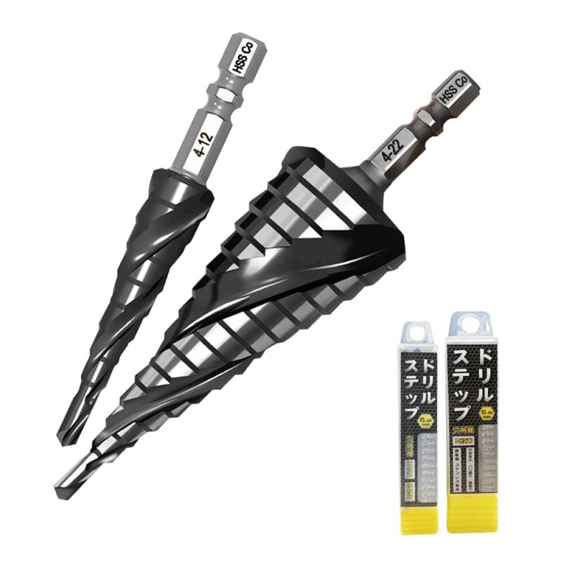 TORENA ステップドリル スパイラルドリル ドリルビット螺旋 M35HSS 六角轴 4-12mm 9段 4-22mm 10段 たけのこドリル チタンコーティング 超高硬度 ステンレス用 穴あけ用