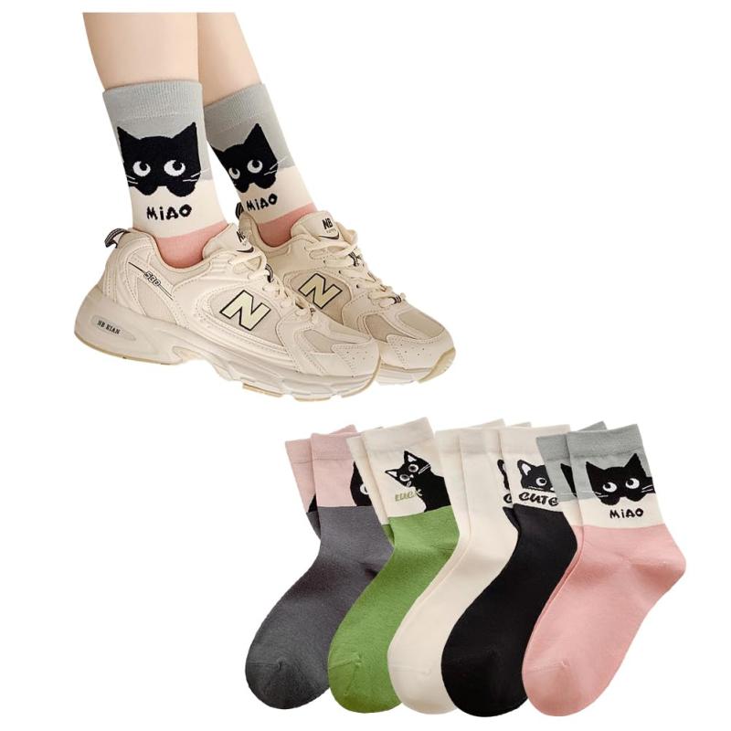 [FASELE] 靴下 レディース おしゃれ ソックス 女子用 婦人用ソックス クルーソックス 可愛い 猫 動物 花柄 コットン 綿 通気性 柔らかい 春夏 秋冬 オールシーズン ミッドチューブソックス ギ
