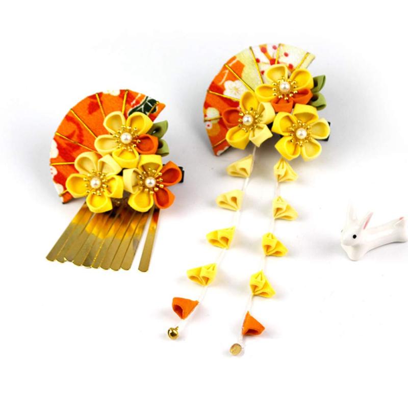 MaitianGuyou 髪飾り 和装 扇型 つまみ細工髪飾り 2点セット ヘアクリップ 花 金色 梅 扇子 成人式 振袖 和服 和装 着物 浴衣