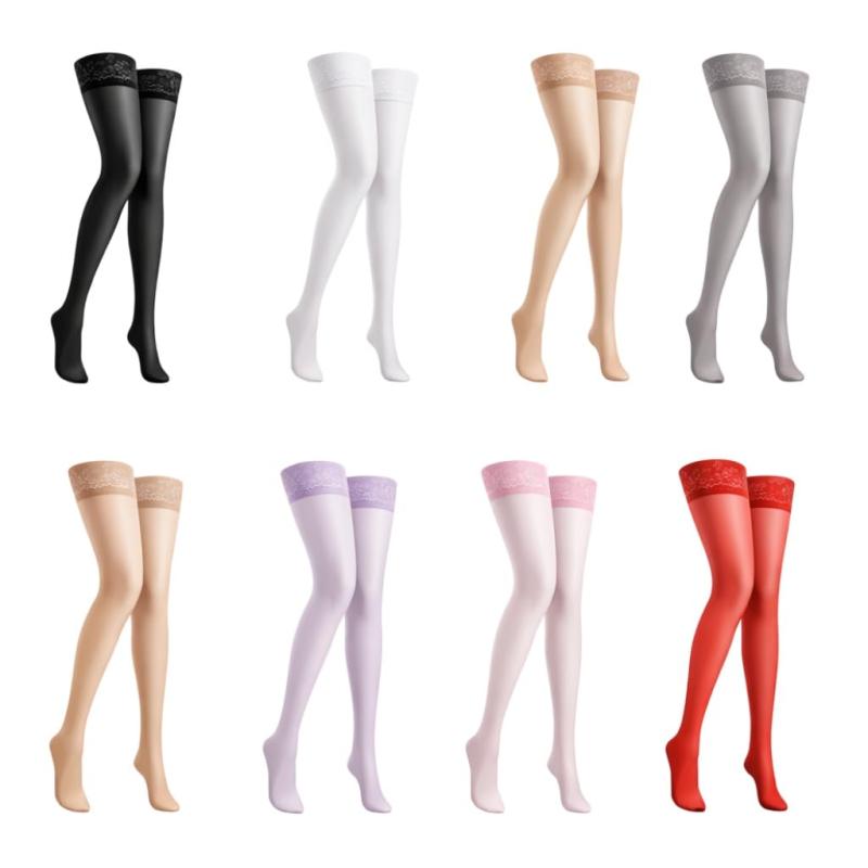 [FULL CHECK] THIGH LOCK 70D ロングストッキング 70デニール レース付き ガーターフリー レディース｜太ももシリコン滑り止め｜ 着圧 美脚 光沢タイツ風 オーバーニー 7006