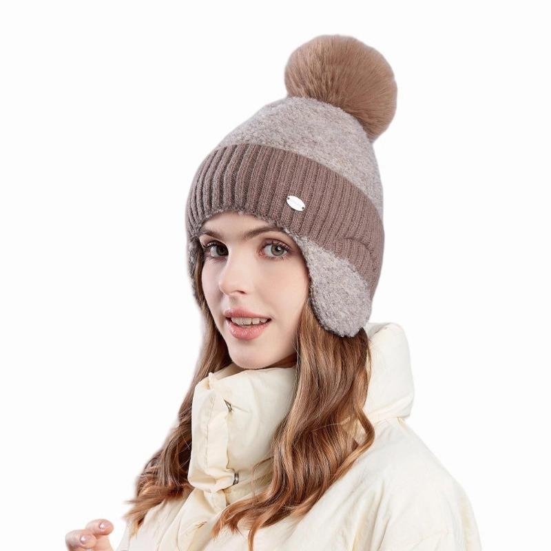 [LeafIn] レディース ニット帽 ボア 耳あて 裏起毛 防寒 帽子 冬 ポンポン 防風 暖かい 小顔効果 耳まで暖かい 柔らかい ニットキャップ 保温 防寒帽子 レディースニット帽子 M-574