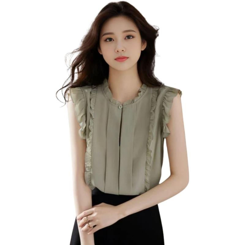 [J-Scott] [ジェイスコット] フリルブラウス シフォン フロントボタン スリットネック フリル袖 ノースリーブ 涼しげ レディース JS72