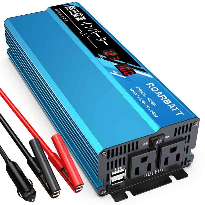 乐天商城 - インバーター 12v 100v 正弦波 1000W 2000W DC12V直流をAC100V交流に変換 車載 カーインバーター ACコンセント×2、USBポート×2 シガーソケット、ワニ口クリップ 家庭用 太陽光発電 地震停電 トラック