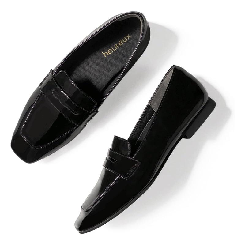 [heureux] ローファー レディース パンプス風 きれいめ エナメル 幅広 歩きやすい 軽量 ローヒール 2cm 防水 撥水 抗菌防臭 ブラック ベーシック 通勤 仕事 オフィス