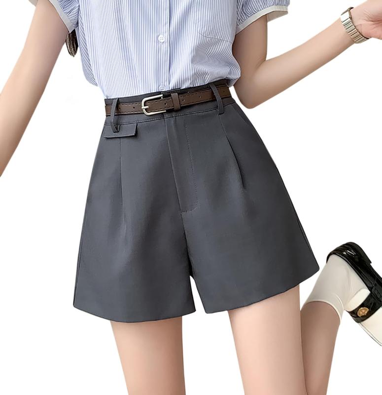 Laisve ショートパンツ ベルト付き レディース 半ズボン 短パン ポケット付き ハイウエスト 涼しい ゆったり キュロット 無地 夏 体型カバー 通勤通学 可愛い