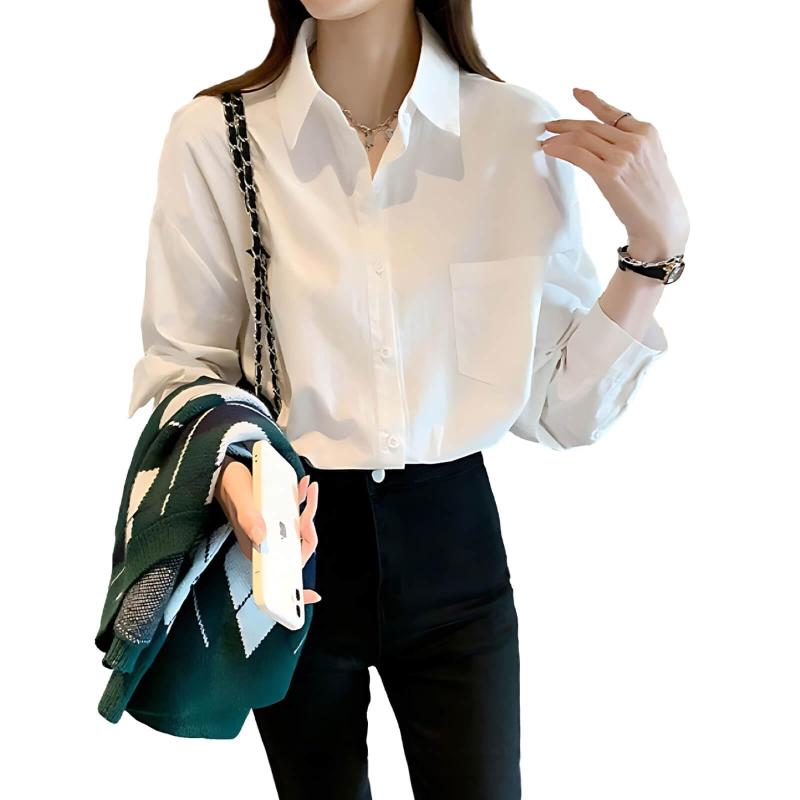 [fourfivesixはる] シャツ レディース 長袖 ブラウス ゆったり ブラウス 無地 長め カジュアルシャツ トップス 原宿系 ワイシャツ オールシーズン ホワイト 春 夏 秋 シンプル